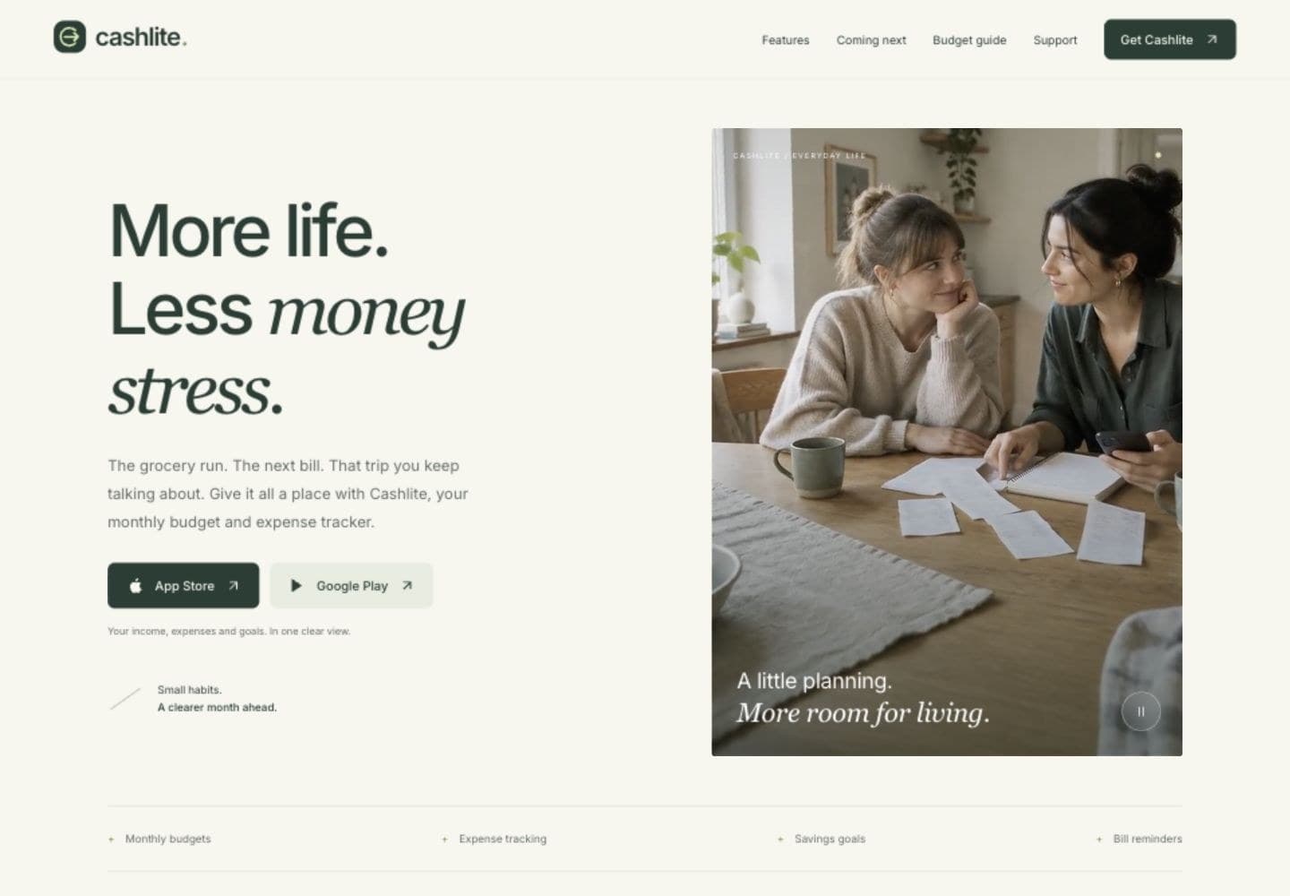 The Cashlite homepage, a budgeting app.