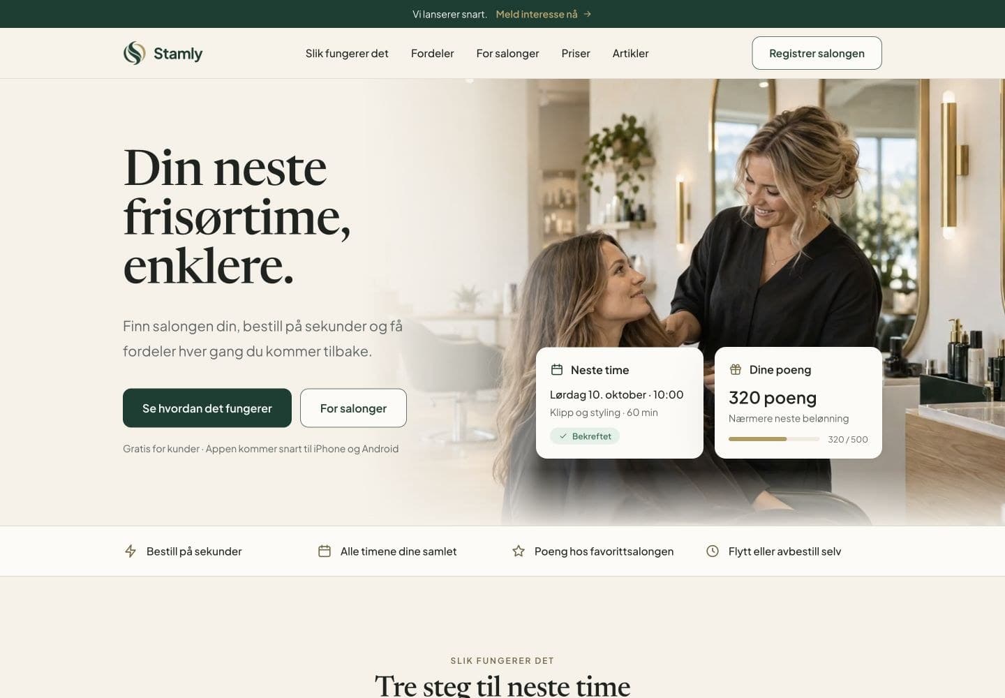 The Stamly homepage, a booking system for hair salons.