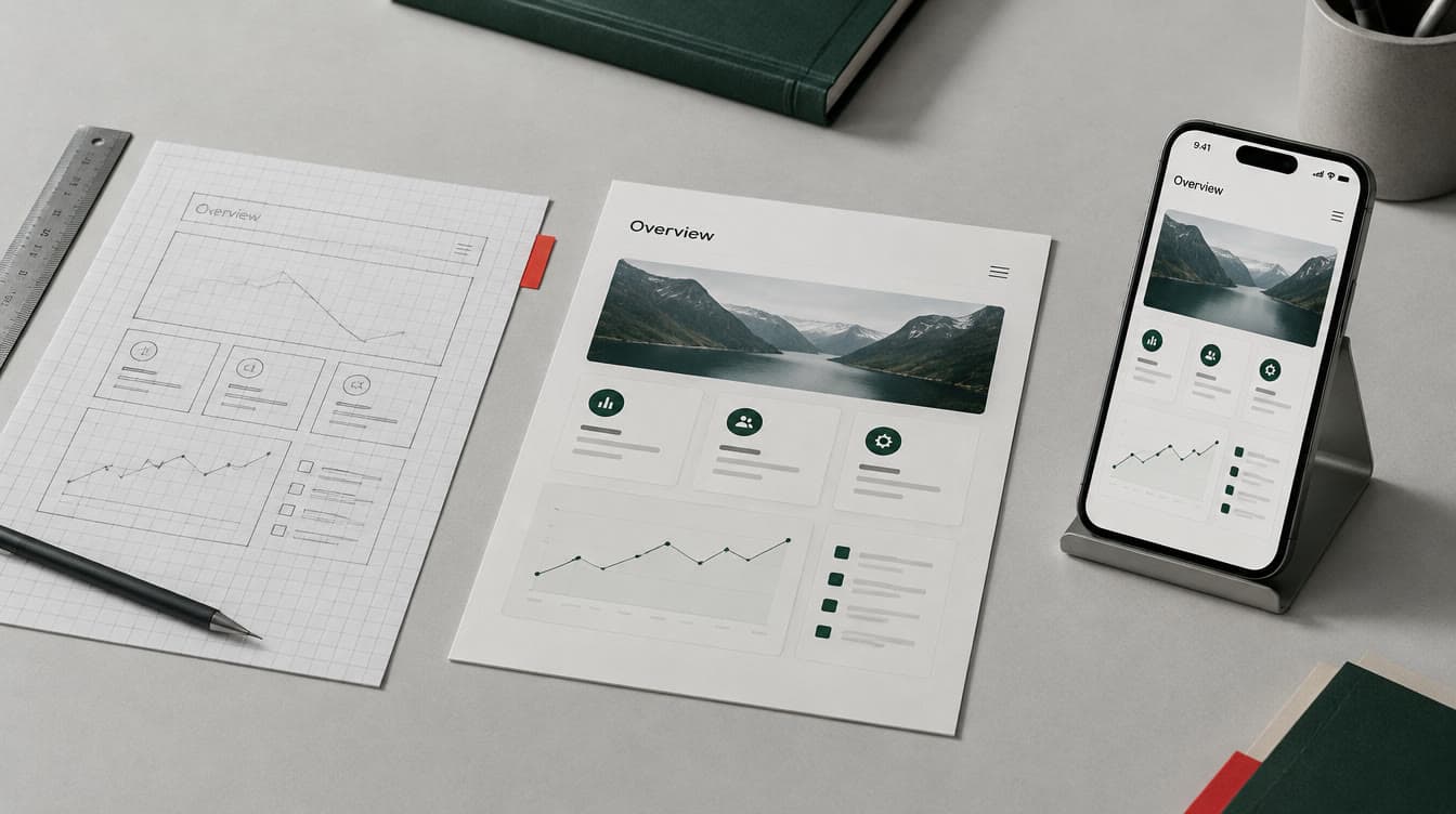 Design illustration with a sketch, interface and mobile view.