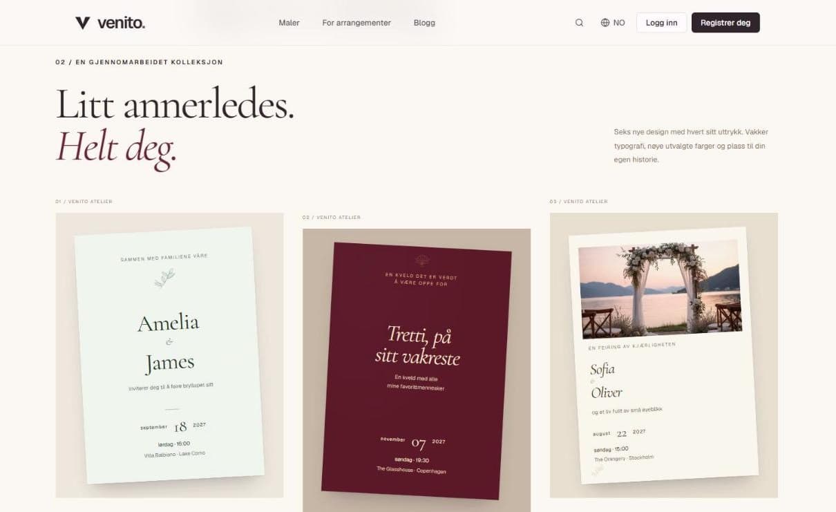 Invitation templates from the Venito Atelier collection for weddings and birthdays.